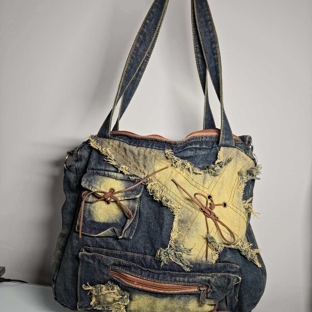Source Unknown Denim Patchwork Tote - Blue And Ye… - image 1